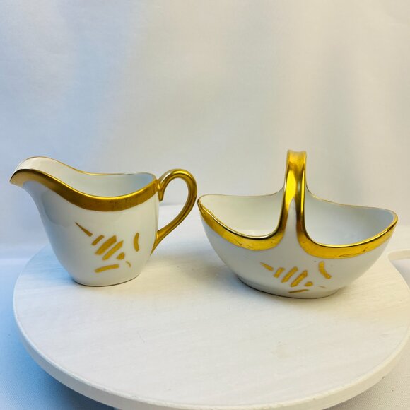 Vintage AEH Japan Porcelain Small Creamer & Basket Set Gold Accents Marked 1930 - Picture 8 of 12